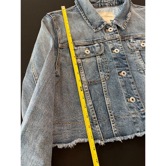 ~ Pilcro Lg Jean Jacket Cropped Denim Anthropologie Blue Raw Edge Stretch Large - Picture 6 of 14